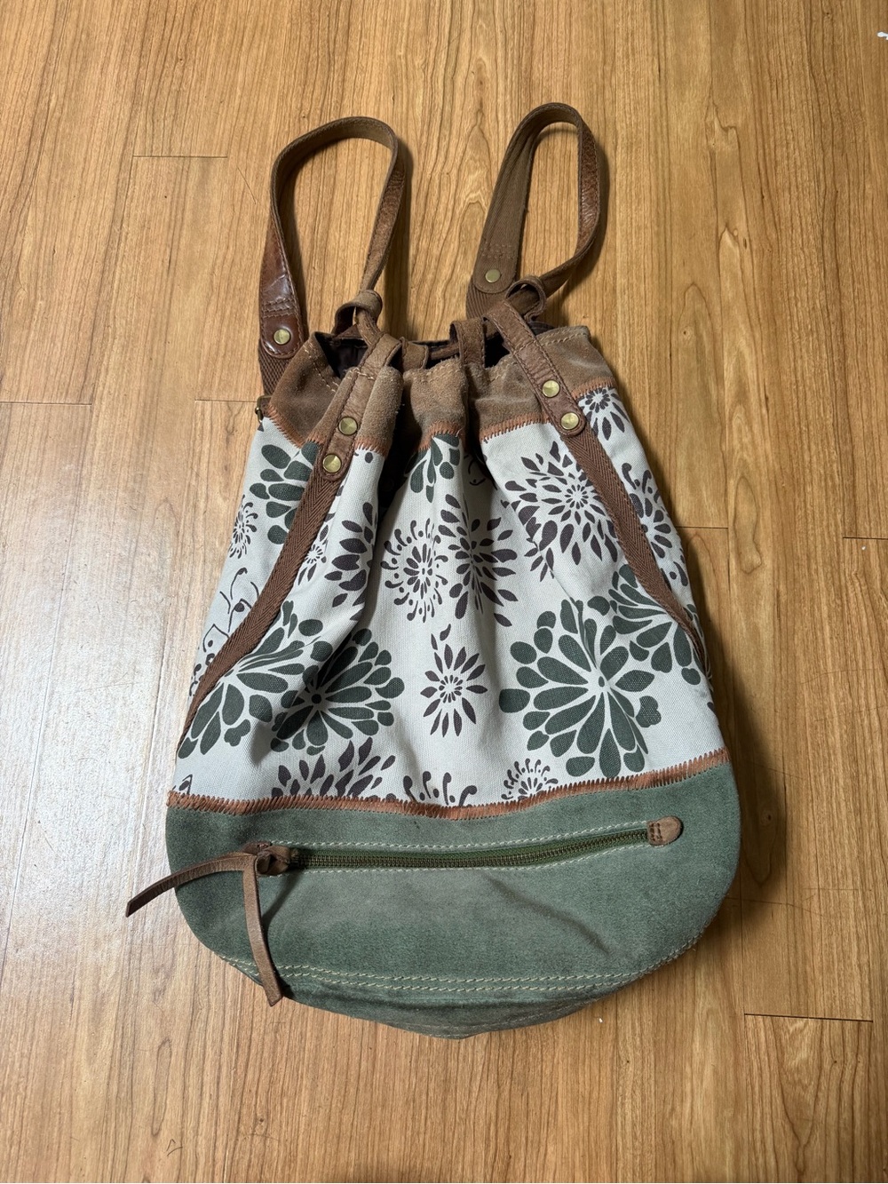 Suede Canvas Floral Drawstring Tote - Green/Brown Lucky brand